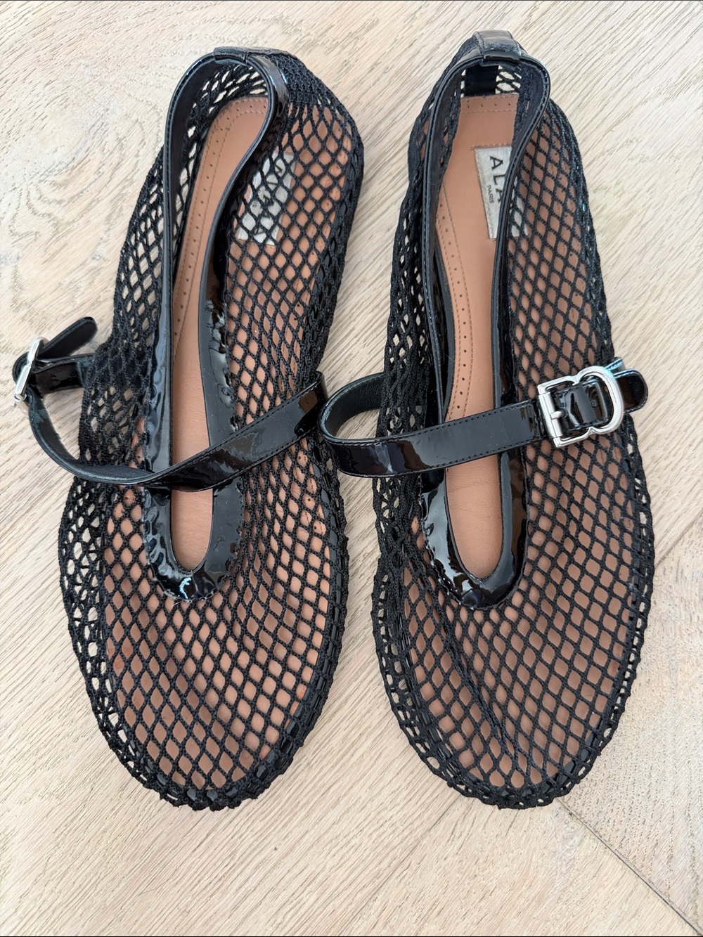 Alaïa Black Mesh Mary Jane Flats with Patent Strap
